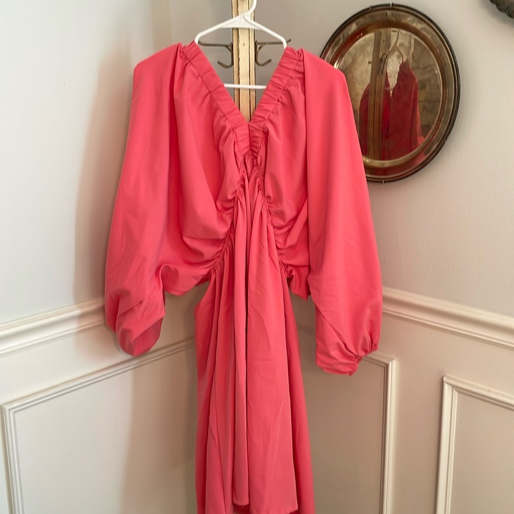 Pink grandmillinial puff sleeve tie back dress
